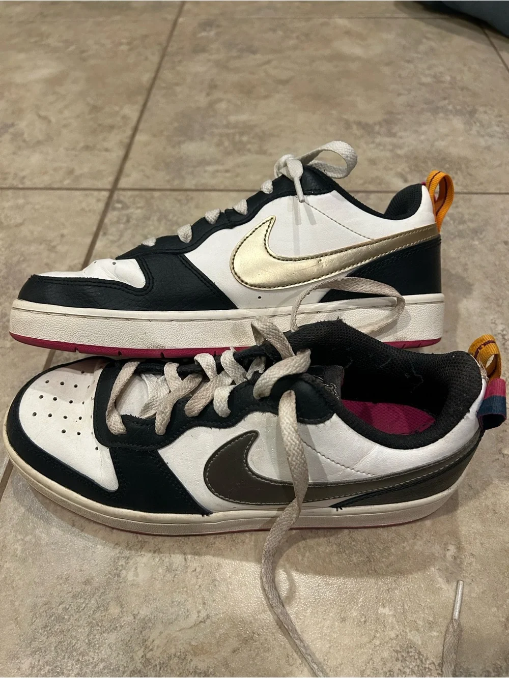 Nike Low-Top Sneakers in White, Silver & Metallic Gold with Pink Accent
